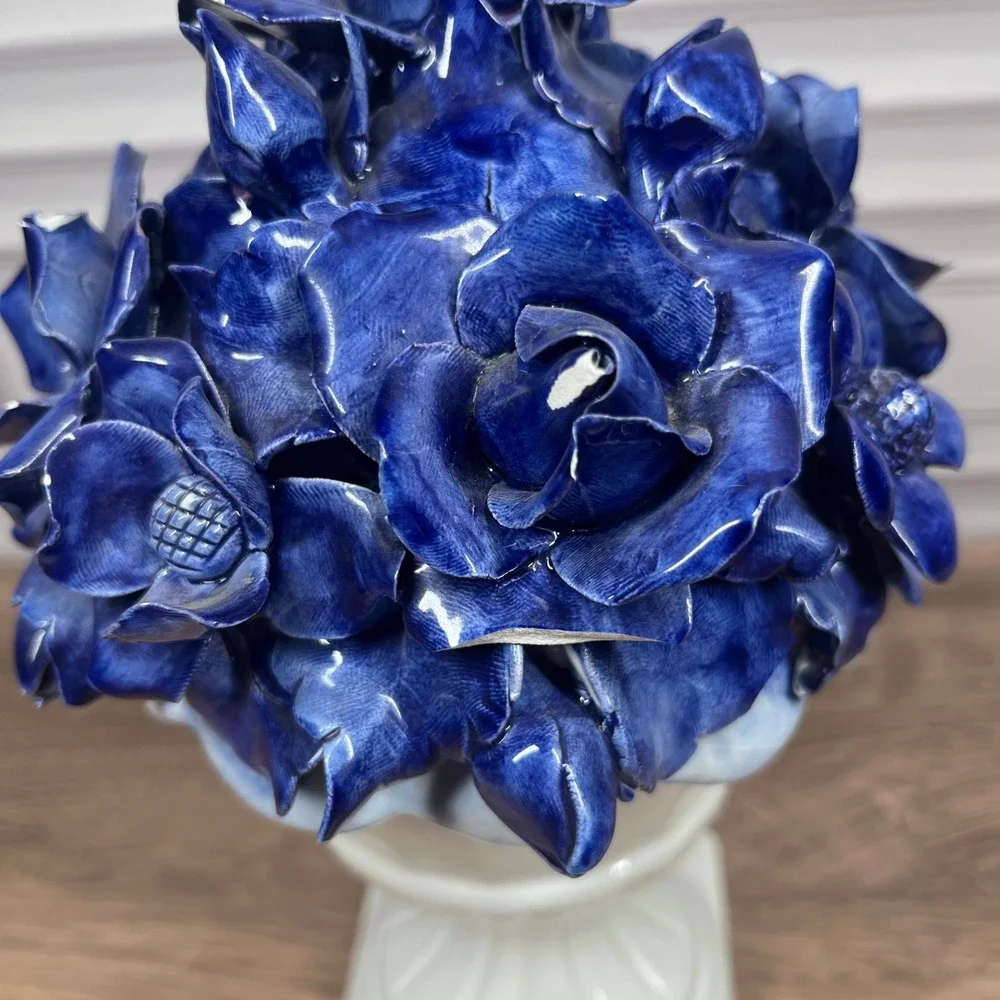 Italian Ceramic Floral Centerpiece Urn Blue White Roses Anemones Hand-Painted